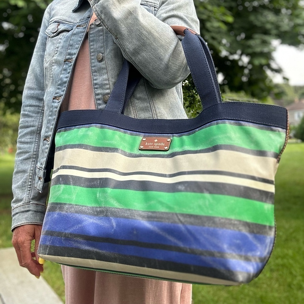 KATE SPADE Coated Canvas Navy/Blue/Green/Beige Striped Tote & Brown Leather Trim